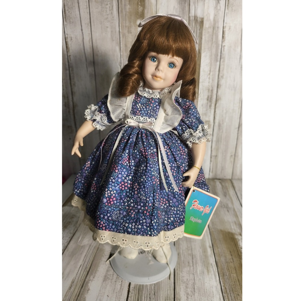 Flora Girl‎ Porcelain Doll Blue Floral Dress Collectible Keepsake 14'